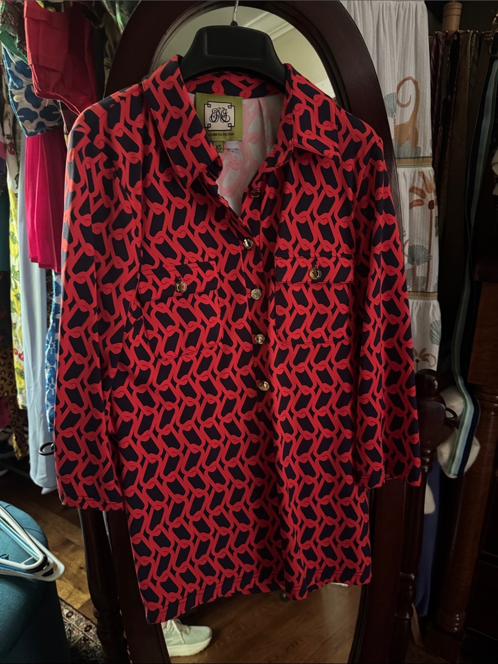 Elizabeth McKay Coral and Navy Geometric Shirt Dress